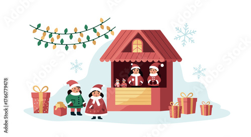 Festive christmas market scene with cute elves and gift stalls in winter wonderland
