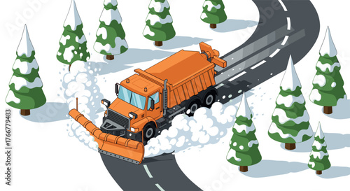 Orange snowplow truck clearing snow on curved road in winter forest scene