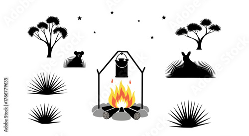 Australian outback campfire scene with kangaroo, koala, eucalyptus trees, and native plants, black silhouette