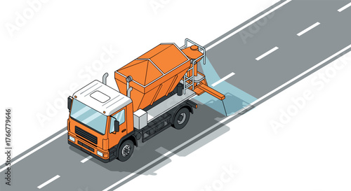 Isometric diagram of a road snowplow spreading salt on highway
