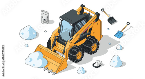 Isometric snow removal machinery with front loader and equipment