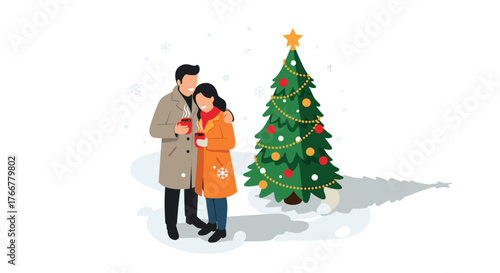 Couple enjoying hot drinks near christmas tree in winter wonderland scene