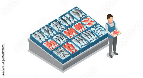 Fish market display with variety of fresh seafood in isometric style