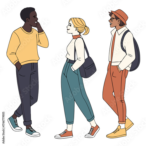 Modern illustration showing young people enjoying a friendly conversation outdoors
