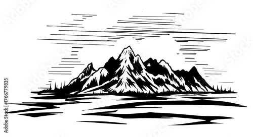 Vector illustration. Hand-drawn mountains with forest.