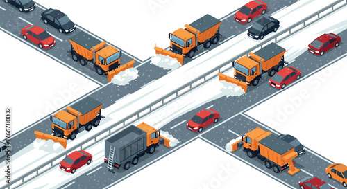 Snow plows clearing winter roads in isometric cityscape with traffic