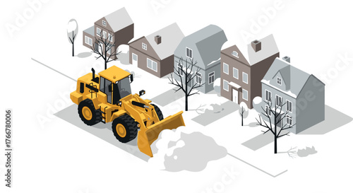Isometric winter town with snow plow clearing streets