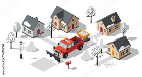 Isometric winter village scene with snow plow truck and snow-covered houses