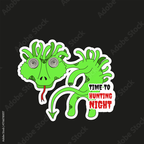 Halloween. Fun Halloween vector Sticker template design. Halloween Sticky Sticker isolated black. Scary salamander with editable stroke. EPS 10