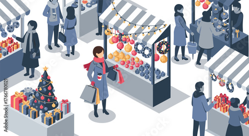 Festive winter market scene with shoppers and stalls in isometric style