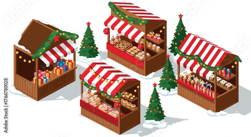 Festive christmas market stalls with gifts and decorations in isometric style
