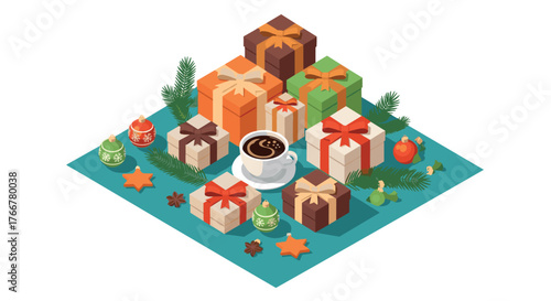 Holiday gifts and coffee on blue surface with ornaments in isometric style