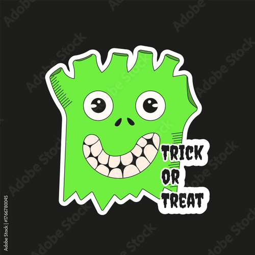 Halloween vector Sticker design. Cute green monster with trick or treat text isolated black background. Perfect Halloween Sticky Sticker layout. EPS 10