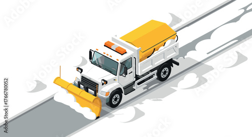Isometric snow plow truck clearing road with precision in winter landscape