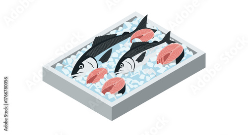 Isometric display of fresh fish with ice in tray