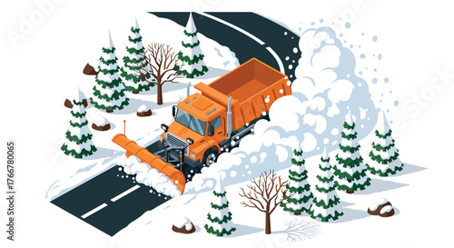 Winter snowplow clearing road in isometric style amid snowy forest