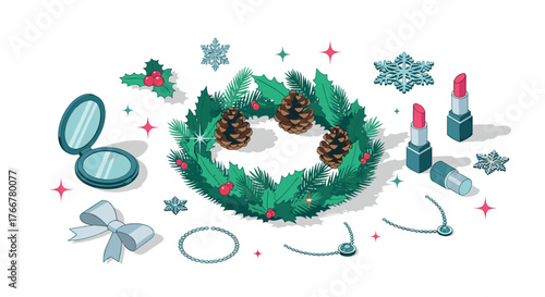 Festive holiday arrangement with makeup products and winter elements in isometric style