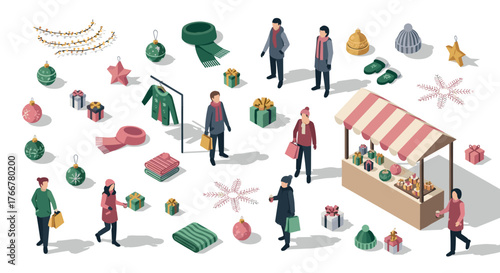 Festive market scene with shoppers and holiday decorations in isometric style