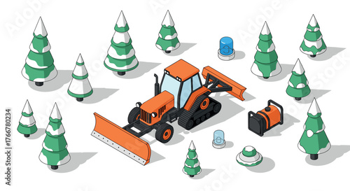 Isometric winter tractor scene with snow-covered trees and equipment