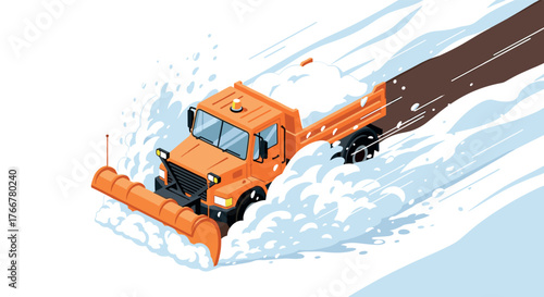 Isometric snowplow truck clearing path through snow