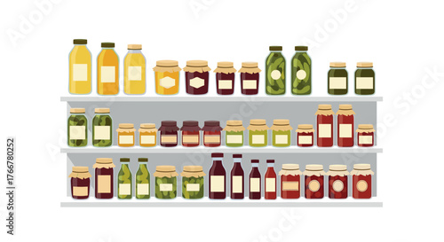 Colorful shelf of jars and bottles with labels in flat design for kitchen pantry
