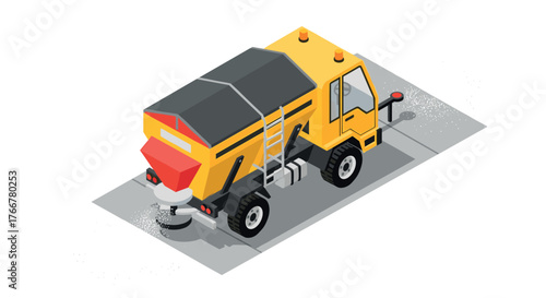 Isometric yellow gritting truck on roadway with spreading mechanism for winter maintenance