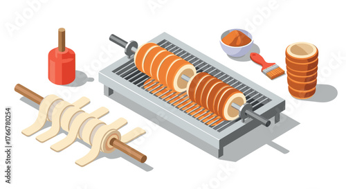 Isometric baking setup with chimney cake, dough, and toppings in kitchen scene