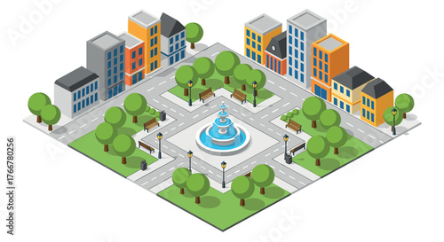 Isometric urban park with fountain and benches in city square