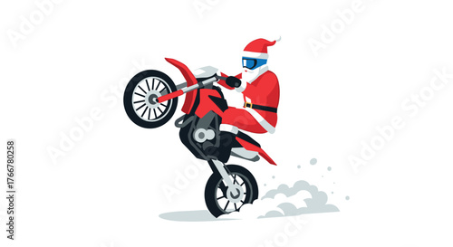 Santa performing a motorcycle stunt with christmas cheer