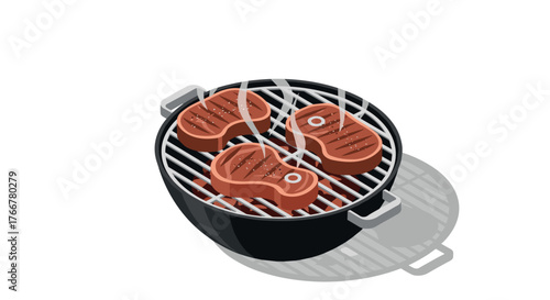 Isometric grilled meat on barbecue grill with smoke rising