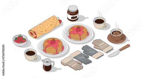 Isometric pancake breakfast with coffee, syrup, and cooking utensils