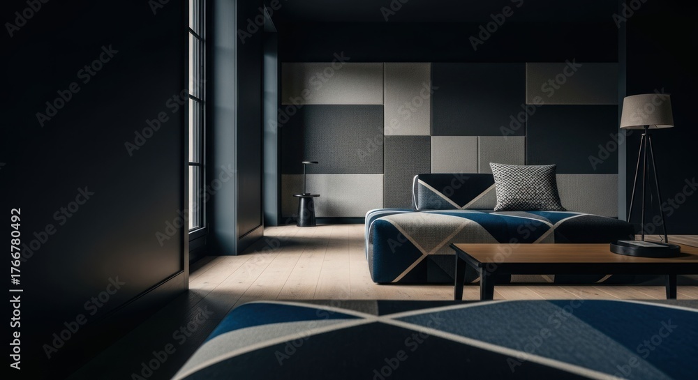 Fototapeta premium Stylish contemporary interior with geometric sofa and panel walls