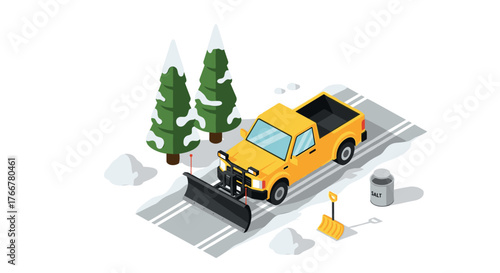 Isometric snow plow truck on winter road with pine trees and snow