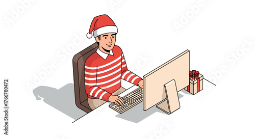 Isometric christmas office scene: festive workplace with santa hat and gift box
