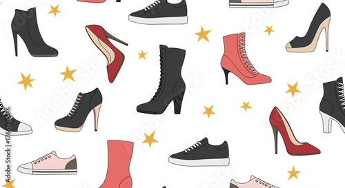 Stylish footwear collection illustration on a white background with golden stars, a fashionable design element for apparel and fashion projects, seamless pattern for various uses.