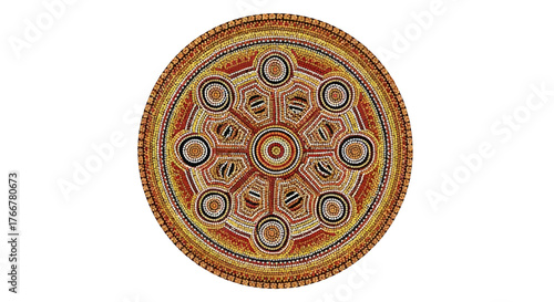 Traditional aboriginal dot painting featuring circular design with concentric rings and radiating patterns in earthy tones