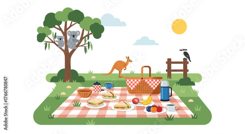 Australian picnic scene with kangaroo, koalas in tree, and checkered blanket laden with food and drinks, set against sunny outdoor backdrop