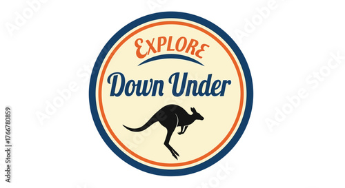 Explore down under text with silhouette kangaroo in circular badge
