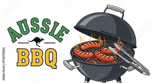Aussie bbq logo with sausages cooking on grill, featuring the text aussie bbq and kangaroo silhouette