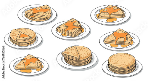 Delicious pancakes with syrup on plates: tasty breakfast desserts