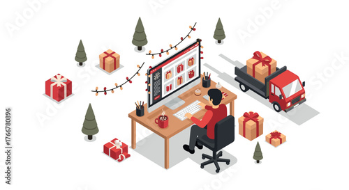 Festive online shopping isometric scene with holiday decorations and gift delivery