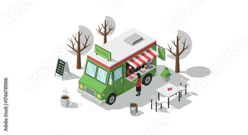 Isometric food truck scene with winter trees and outdoor dining