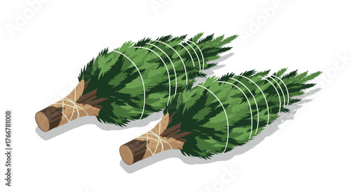 Traditional sauna birch branch bundles on white background