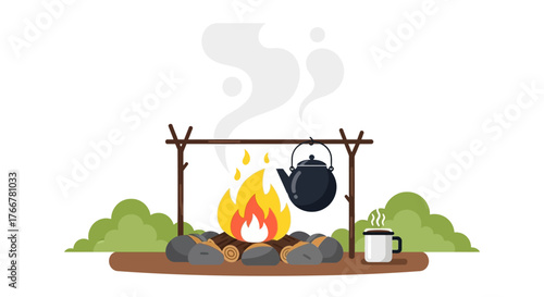 Campfire cooking with kettle and mug, surrounded by logs and rocks, with green bushes in the and smoke rising from the fire, creating cozy outdoor camping scene