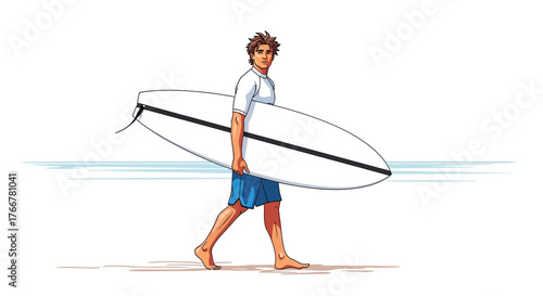 Young man with short brown hair, wearing tshirt and blue shorts, walking on beach with surfboard under his arm, with the ocean in the