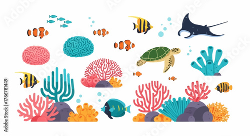 Underwater scene with various colorful coral reef inhabitants including fish, sea turtle, and manta ray, set against