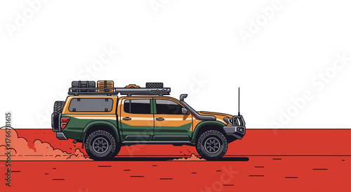 Off-Road Vehicle in Motion: A robust off-road vehicle conquers the terrain with a cloud of dust, showcasing its capability and ruggedness.