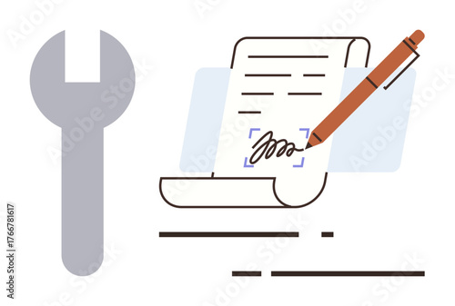 Wrench and signed paper document with a pen. Ideal for technical agreements, contracts, legal services, repair services, partnership, collaboration, service terms, simple flat metaphor