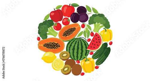 Colorful assortment of various fruits and vegetables arranged in a circle, representing healthy eating and a balanced diet.