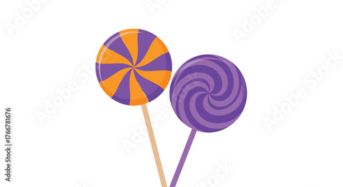 Two colorful lollipops with swirling patterns and sticks, perfect for treats and candy-themed designs.